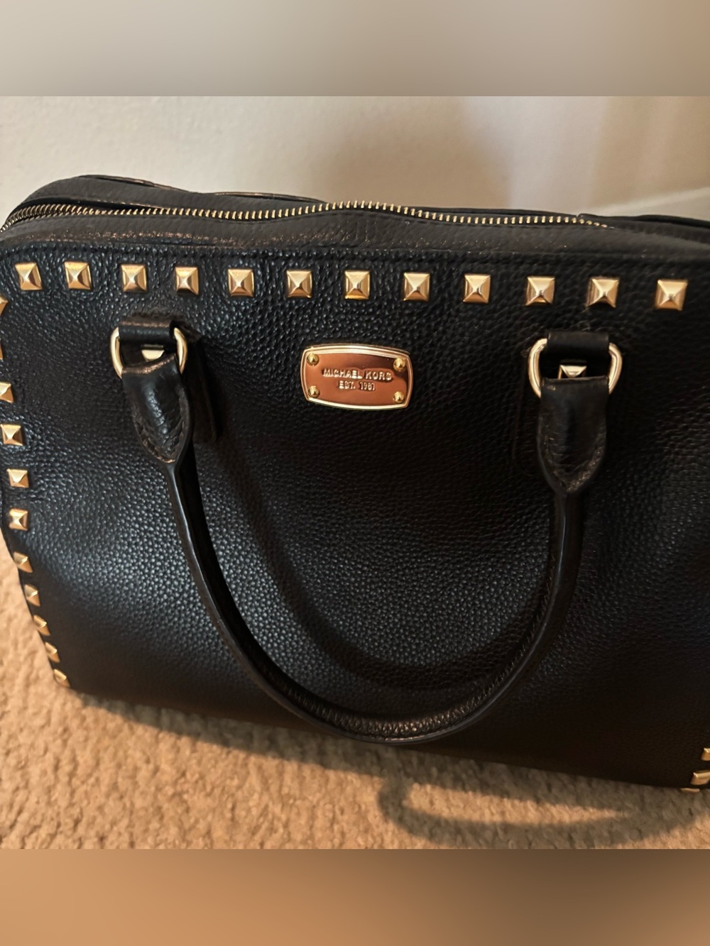 Michael Kors Black Pebbled Leather Satchel with Gold Studs